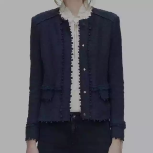 Rebecca Taylor Navy Blue Tweed Blazer Stretch Boucle Jacket Snap Front Size 4