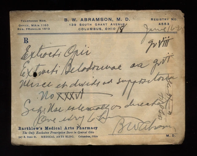 B.W. Abramson Columbus, OH Ohio Handwritten Belladonna Opium Prescription 1928