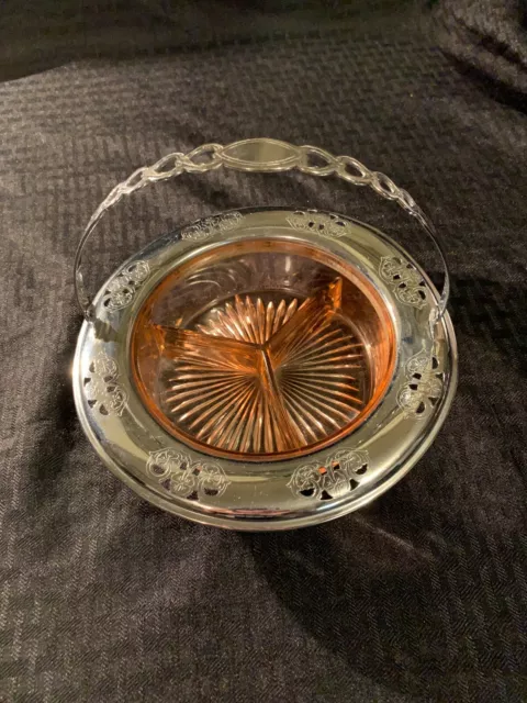 Vintage Farberware Pink Depression Glass Divided Relish Dish w/ Metal Caddy