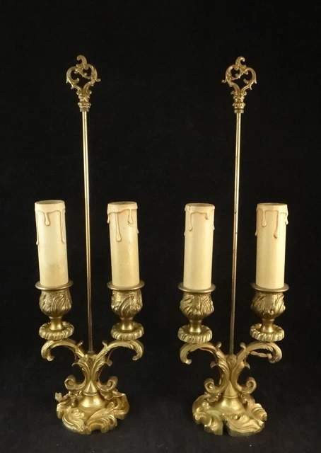 Pair Antique French Louis XV Style Gilt Bronze 2 Light Candelabra, 14” t. x 4” w