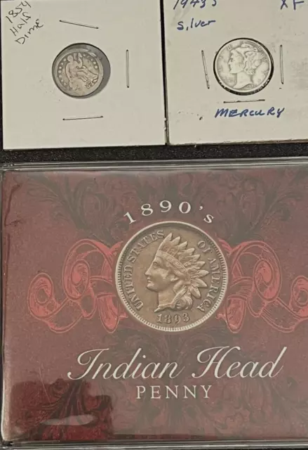 Lot of (3) US Coins - 1890 Indian Head Penny, 1943S Mercury Dime, 1854 Half Dime