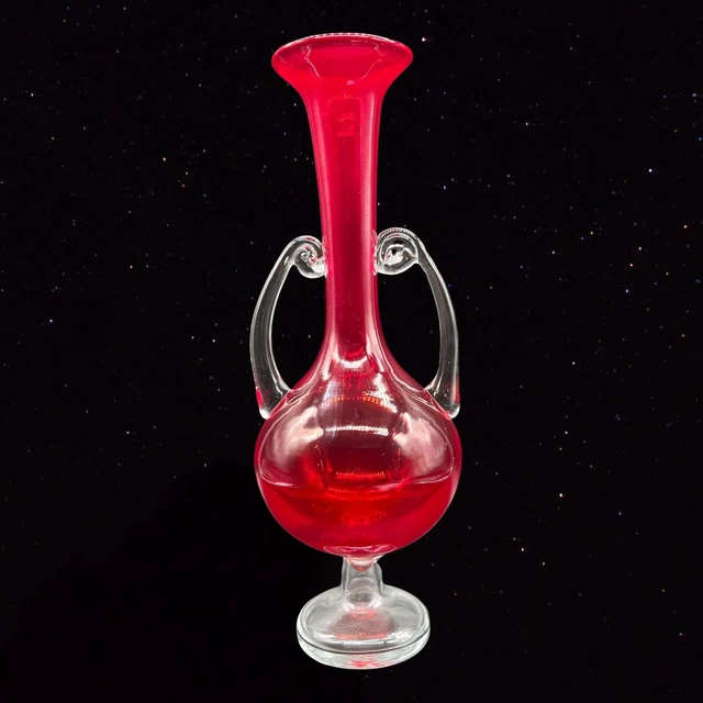Vintage Murano Tall Red Vase W Handles Art Glass 14”T 3”W Round Clear Swirl