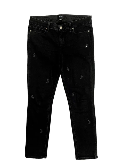 Paige Denim Jeans Skyline Ankle Peg Black Crescent Moon Rhinestones SZ 31