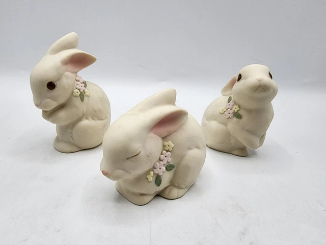VTG Bisque Ceramic Bunny Rabbits Set Of 3 Figurines Easter SPRING Flowers Oxford