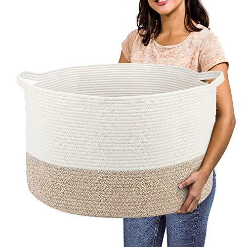 Extra Large Cotton Rope Basket 22" x 14" - Toy Basket for Kids  White + Beige