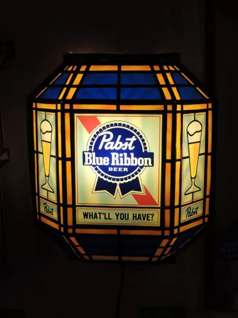 Very Nice Vintage Pabst Blue Ribbon Beer Lighted Bar Sign, Faux Stained Glass 3D