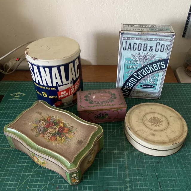 5 vintage metal tins SANALAC Jacob & Co cream crackers FLORAL round biscuit htf
