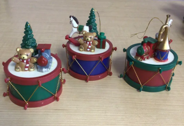 SET OF 3 Drums with Toys Christmas Ornaments 2.75" Train Tree Teddy Bear Horse