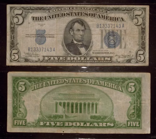 1934 Era $5 Silver Certificate Note | Circulated | Blue Seal