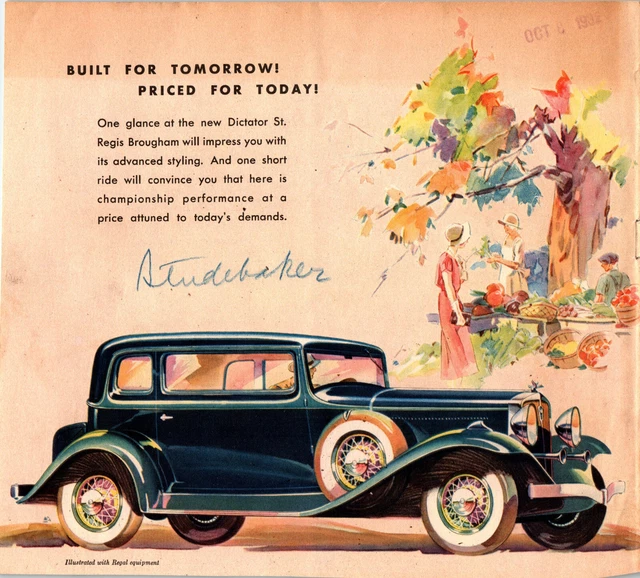 Studebaker 1932 Dictator St Regis Brougham + Reverse side President Eight 8x8.5"