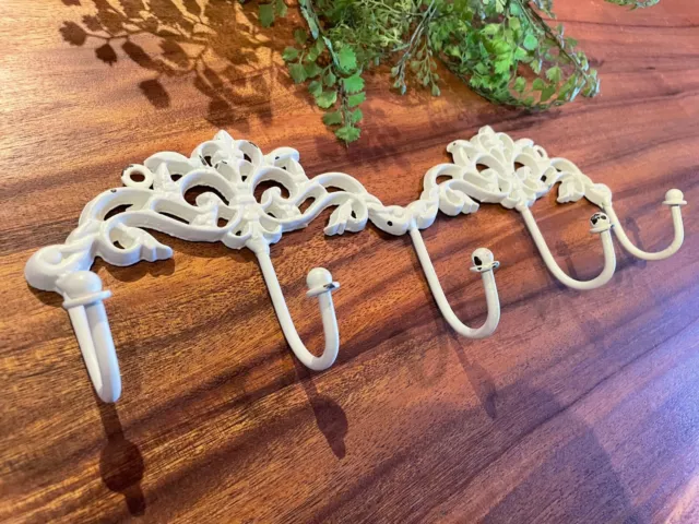 Vintage Cast Iron Metal Wall Hanging Ornate Wall Hook White 5 Hooks 14” x 5.25"