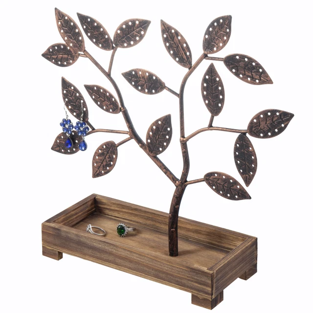 Bronze Metal Jewelry Stand with Wooden Ring Tray, Earring Storage Rack Organizer