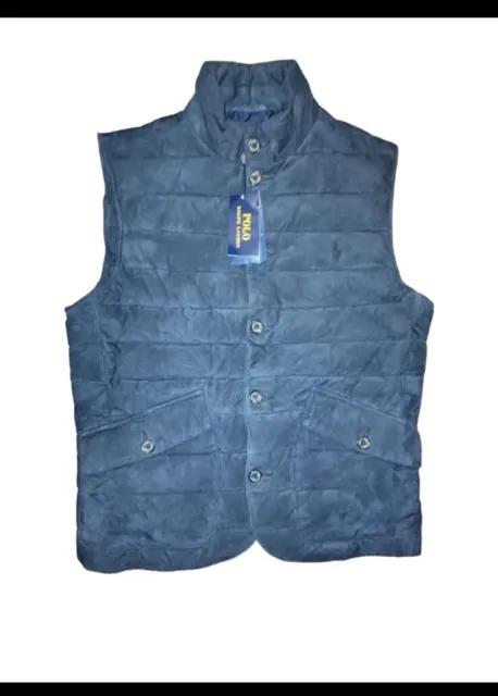 Men Polo Ralph Lauren Quilted Goat Suede Vest Navy Blue Puffer Jacket Small