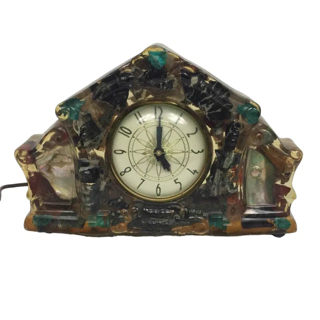 VINTAGE MCM RESIN Vomit Clock Lanshire Natural Stone Mother Of Pearl