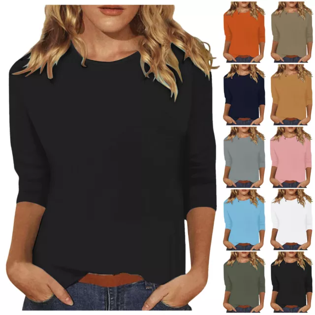 3/4 Length Sleeve Womens Tops Casual Loose Fit Crewneck T Shirts Cute Solid