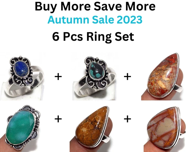 Lapis Lazuli,Mosaic Simulated Emerald,African Moss 6pcs Ring Combo Set 7 JW
