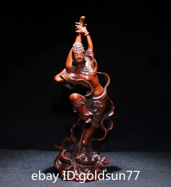 9.8"Rare Chinese Boxwood Exquisite handmade Dunhuang Flying sdy pipa statue