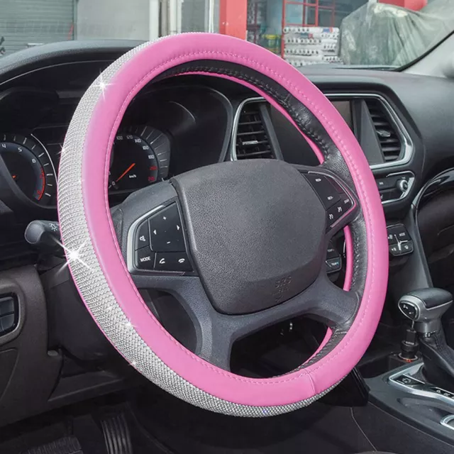 38CM Bling Full Crystal Pinky PU Leather Car & Truck Steering Wheel Cover Pink 3