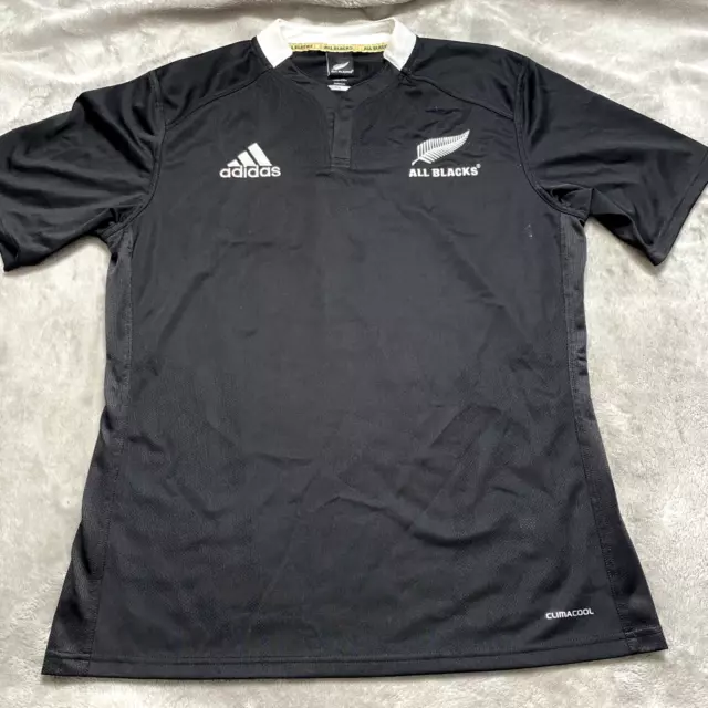 Adidas All Blacks Rugby Shirt Large Black Climacool Button Tshirt  Collar Mens