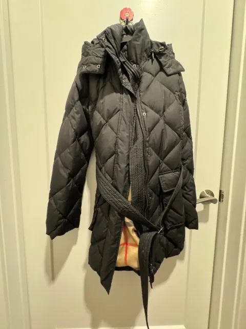 Burberry London Womens Belted Down Filled Hooded Puffer Coat Black Size Small