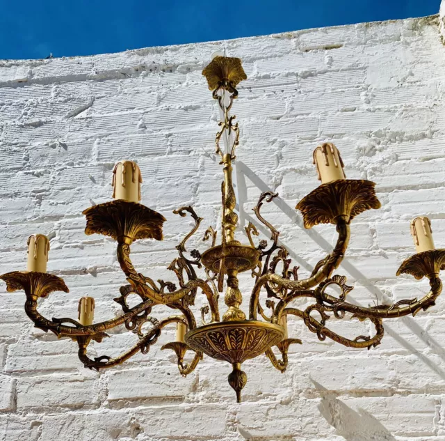 Large Antique Golden Bronze Chandelier, Spanish, 8 Arms, Candle Style, 32 x 31"