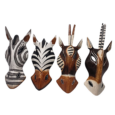 Juego de máscaras de madera de antílope de caballo blanco 4 talladas a mano safari escultura de arte de pared 8 in