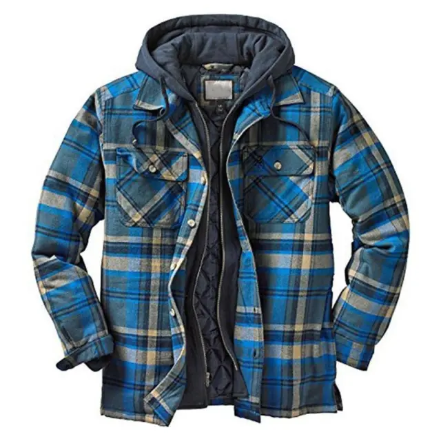 Men's Heavy Fleece Lined Sherpa Hoodie Plaid Flannel Jacket with Hood