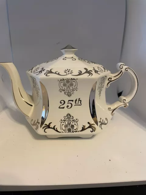 VTG Ellgreave Genuine Ironstone Teapot & Lid 25th Anniversary Hexagonal White