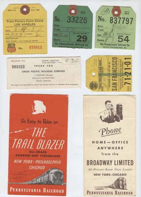 Railroad paper Trains pamphlet claim dining stub Penn Union Pacific limited etc.