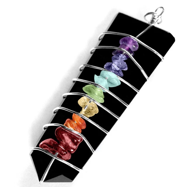 CHARGED Obsidian 7 Chakra Wire Wrap Pendant Necklace HANDMADE Heal Stone Reiki