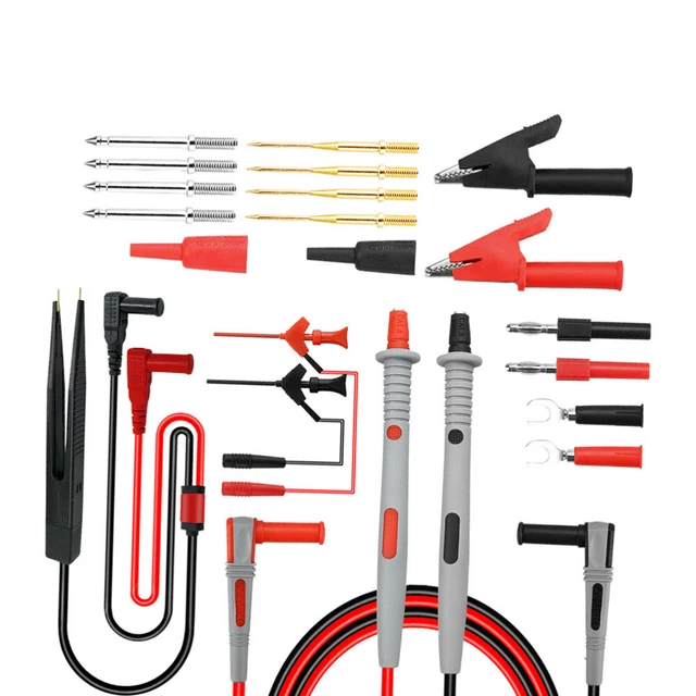 2 Cavi Di Prova Con Mini Gancio IC Grabber E Prese Banana 2 Mm – Filo In Silicone, Retrattile, Per Multimetro E Analizzatore Logico, Set Rosso E Nero