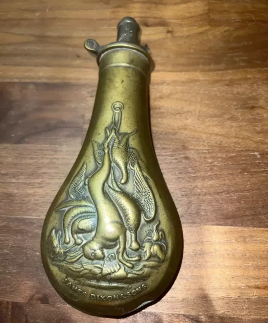 Rare Antique James Dixon & Sons Powder Flask With Embossed Game Scene