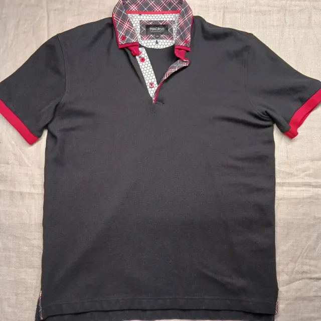 Maceoo Black Red Polo Mens Size Large Plaid Double Collar Button Short Sleeve