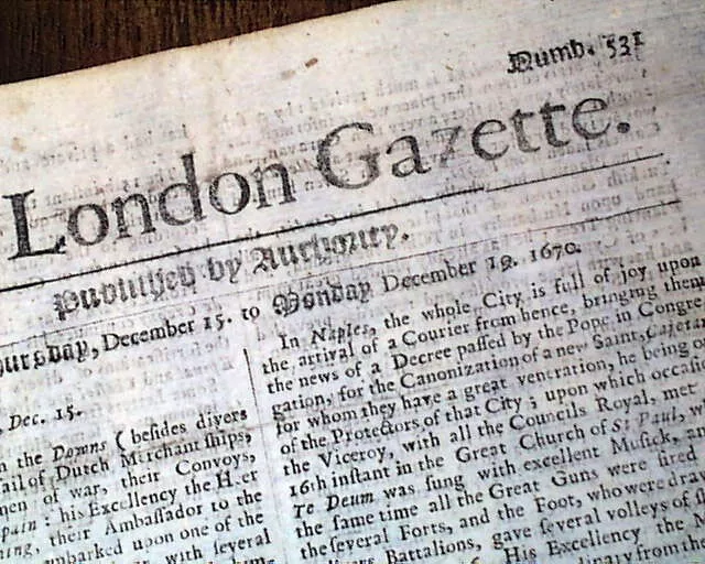 EARLIEST OF NEWSPAPERS TO BE HAD Original Early Rare 1670 London England Gazette