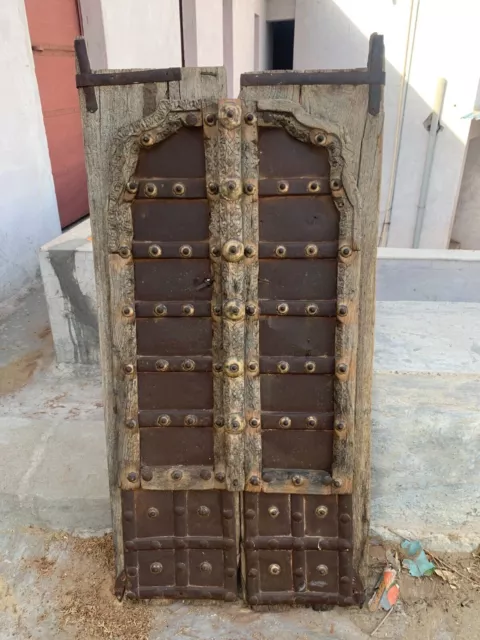 Antique Handcrafted Wooden Rajasthan Front House Door with Brass & Iron Detail