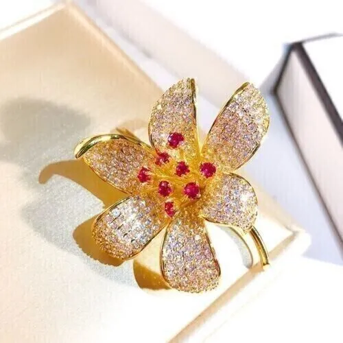 2.00Ct Round Cut Lab Created Pink Ruby Flower Brooch Pin 14K Yellow Gold Plated