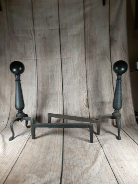 Pair Vintage Cast Iron Cannon Ball Style Fireplace Andirons Rustic Home Decor