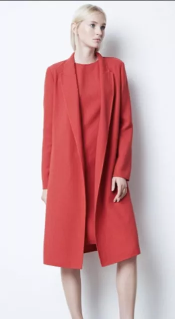 Lafayette 148 Wool Crepe Open Long Jacket Coat Size Large Red Persimmon