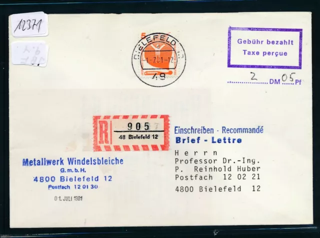 12371) OWL, Reco-Brief mit RZ 48 Bielefeld 12, Teil-Bar 1981 5PF + TP 205PF