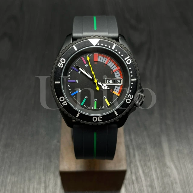 Custom Made Mods Watch SKX Style NH36 Auto Movement BLK/S C Rainbow Hours BLK/GN
