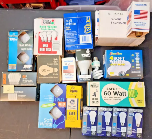 Large mixed lot 37 light bulbs, 100's, 60's clear, frost, LED tested see photos