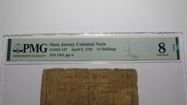 1762 Twelve Shillings New Jersey NJ Colonial Currency Bank Note Bill 12s VG8 PMG 2