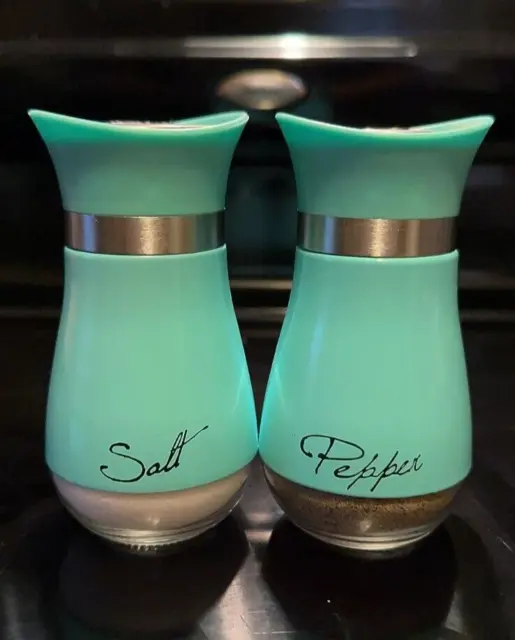 2 Pieces Set Teal Stainless Steel Salt and Pepper Shakers with Glass Bottom NEW