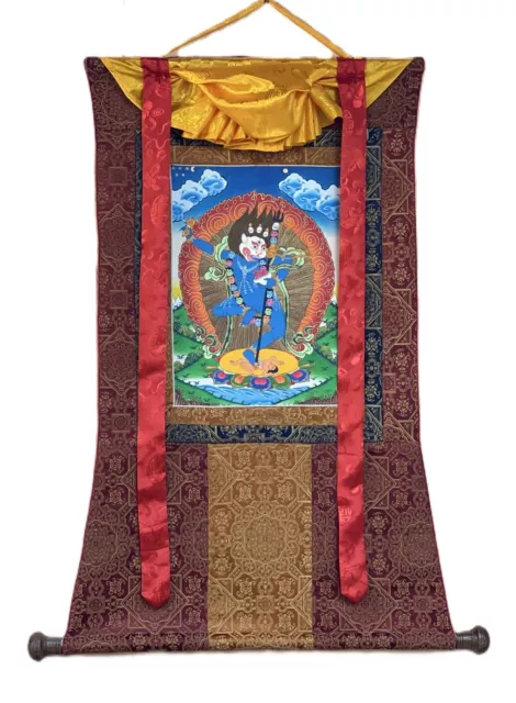 Simhamukhi Lion Faced Jogini Original Tibetan Thangka Painting With Silk Brocade