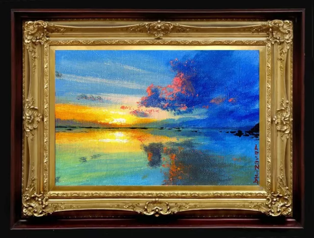 ORIGINAL Oil Painting Handmade Arseni ~ SOOTHING SUNSET 6" X 4" NO FRAME USA