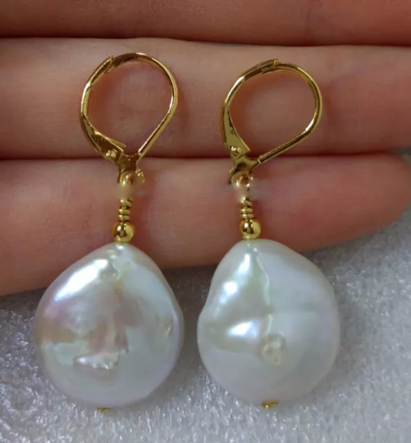 Huge AAA 14-15mm South Sea White Baroque Pearl Earrings 14K Cultured TwoPin
