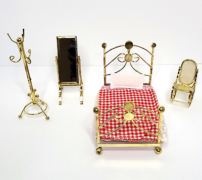 Vintage Brass Dollhouse Furniture Bedroom Set Bed Rocker Coat Rack Mirror
