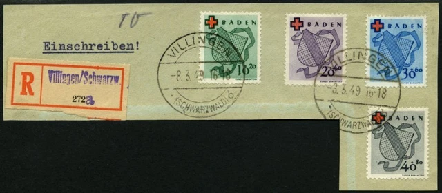 BADEN 1949, Rotes Kreuz auf Einschreibbriefstück aus VILLINGEN, Pracht, gepr.