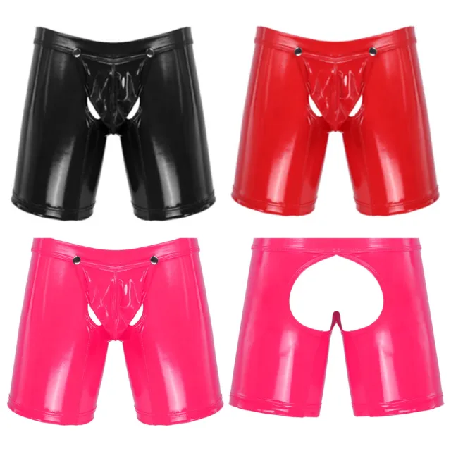 Men's Wet Look Faux Leather Low Rise Boxer Shorts Open Butt Crotchless Hot Pants