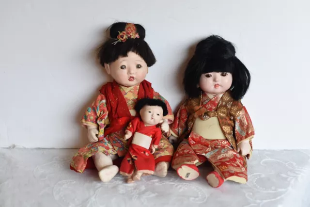 Lot of 3 Vintage Itchimatsu Gofun Asian Japanese Baby Dolls 7"-13"  (P-5)